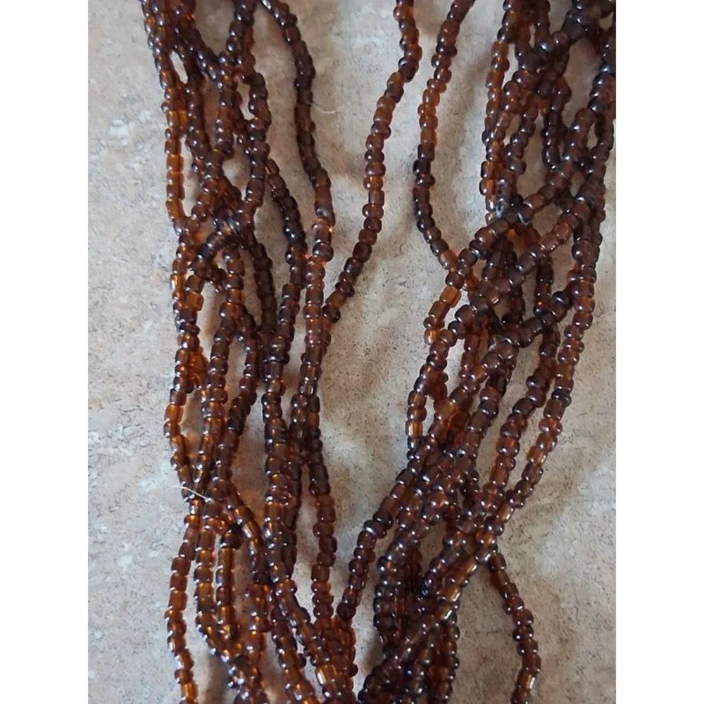 Brown Iridescent Seed Bead Multi Strand Knotted Tassel Lariat Statement Necklace